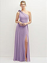 Front View Thumbnail - Pale Purple Handworked Flower Trimmed One-Shoulder Chiffon Maxi Dress