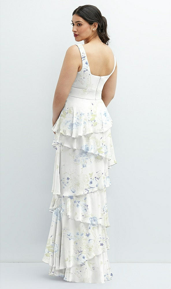 Back View - Bleu Garden Asymmetrical Tiered Ruffle Chiffon Maxi Dress with Square Neckline