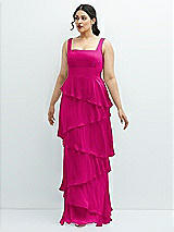 Front View Thumbnail - Think Pink Asymmetrical Tiered Ruffle Chiffon Maxi Dress with Square Neckline