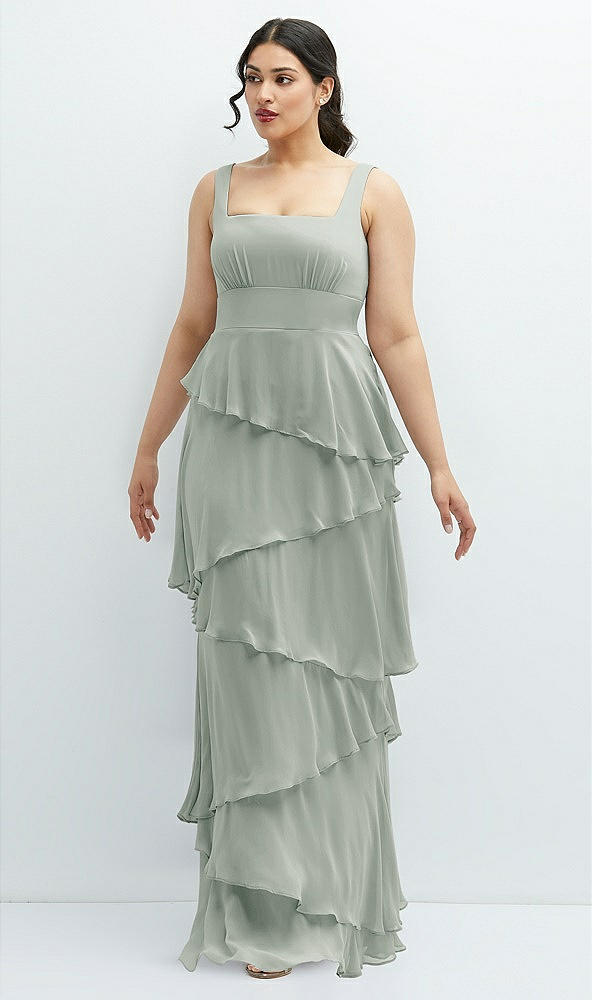 Front View - Willow Green Asymmetrical Tiered Ruffle Chiffon Maxi Dress with Square Neckline