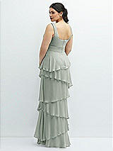 Rear View Thumbnail - Willow Green Asymmetrical Tiered Ruffle Chiffon Maxi Dress with Square Neckline