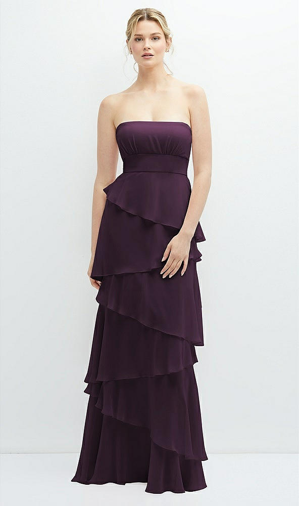 Front View - Aubergine Strapless Asymmetrical Tiered Ruffle Chiffon Maxi Dress