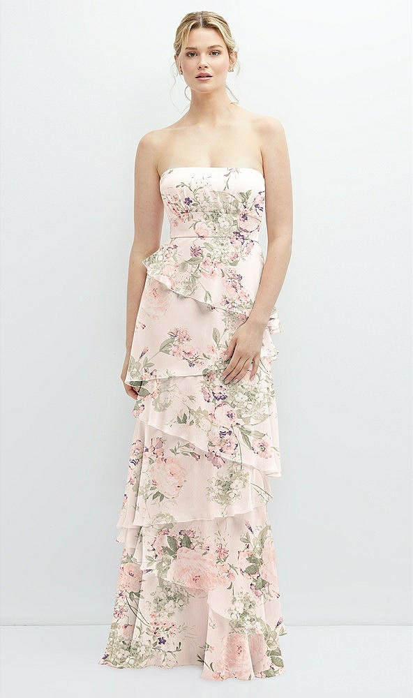 Front View - Blush Garden Strapless Asymmetrical Tiered Ruffle Chiffon Maxi Dress