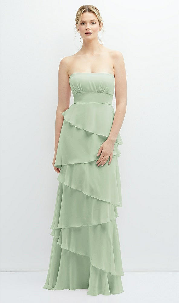 Front View - Celadon Strapless Asymmetrical Tiered Ruffle Chiffon Maxi Dress