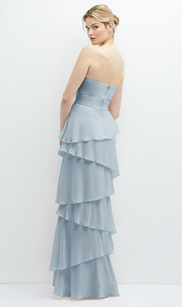 Back View - Mist Strapless Asymmetrical Tiered Ruffle Chiffon Maxi Dress