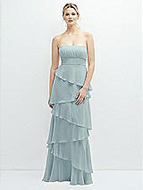 Front View Thumbnail - Morning Sky Strapless Asymmetrical Tiered Ruffle Chiffon Maxi Dress