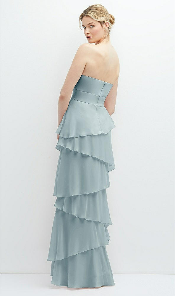 Back View - Morning Sky Strapless Asymmetrical Tiered Ruffle Chiffon Maxi Dress