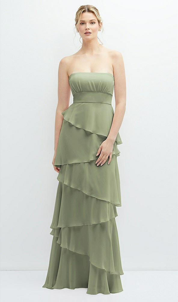 Front View - Sage Strapless Asymmetrical Tiered Ruffle Chiffon Maxi Dress