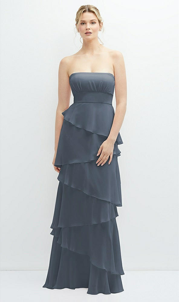 Front View - Silverstone Strapless Asymmetrical Tiered Ruffle Chiffon Maxi Dress