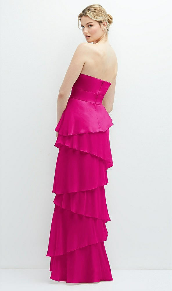 Back View - Think Pink Strapless Asymmetrical Tiered Ruffle Chiffon Maxi Dress