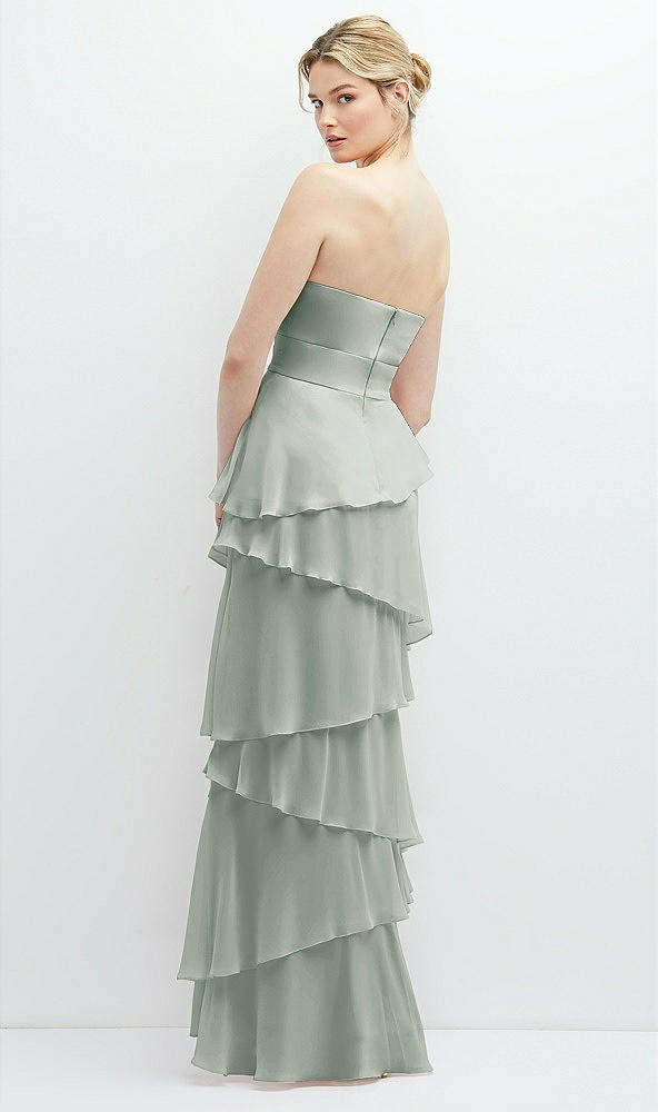 Back View - Willow Green Strapless Asymmetrical Tiered Ruffle Chiffon Maxi Dress