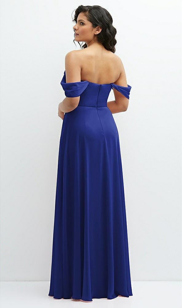 Back View - Cobalt Blue Chiffon Corset Maxi Dress with Removable Off-the-Shoulder Swags