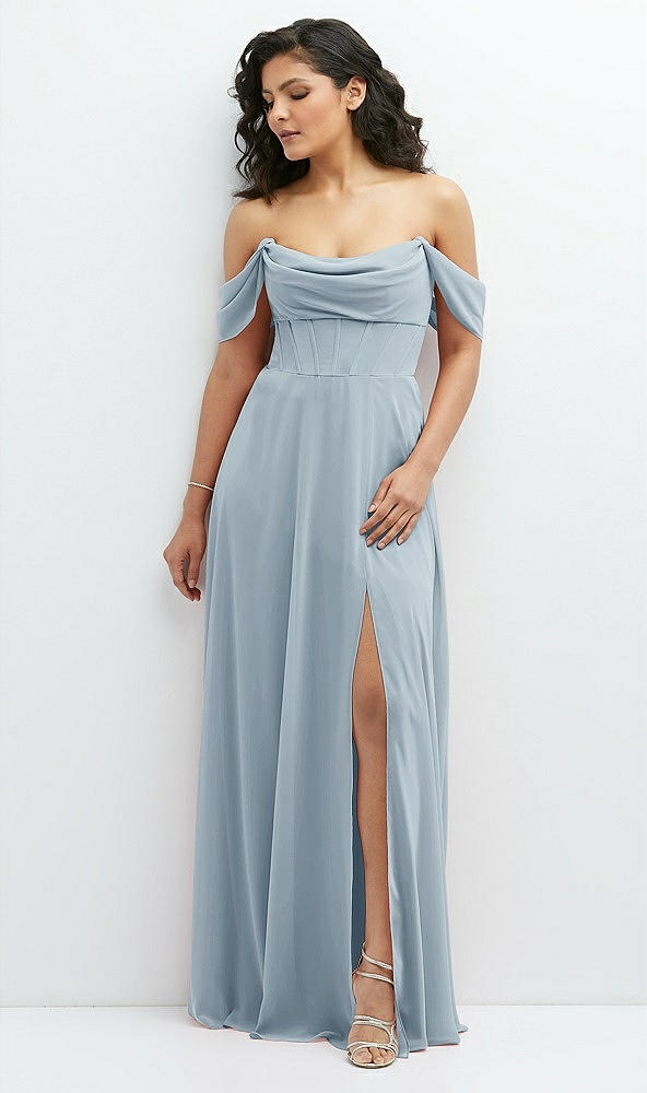 Front View - Mist Chiffon Corset Maxi Dress with Removable Off-the-Shoulder Swags
