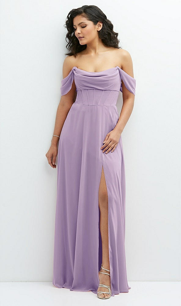 Front View - Pale Purple Chiffon Corset Maxi Dress with Removable Off-the-Shoulder Swags