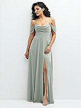 Front View Thumbnail - Willow Green Chiffon Corset Maxi Dress with Removable Off-the-Shoulder Swags