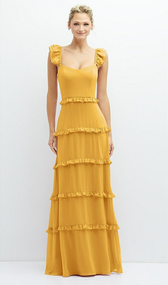 Front View - NYC Yellow Tiered Chiffon Maxi A-line Dress with Convertible Ruffle Straps