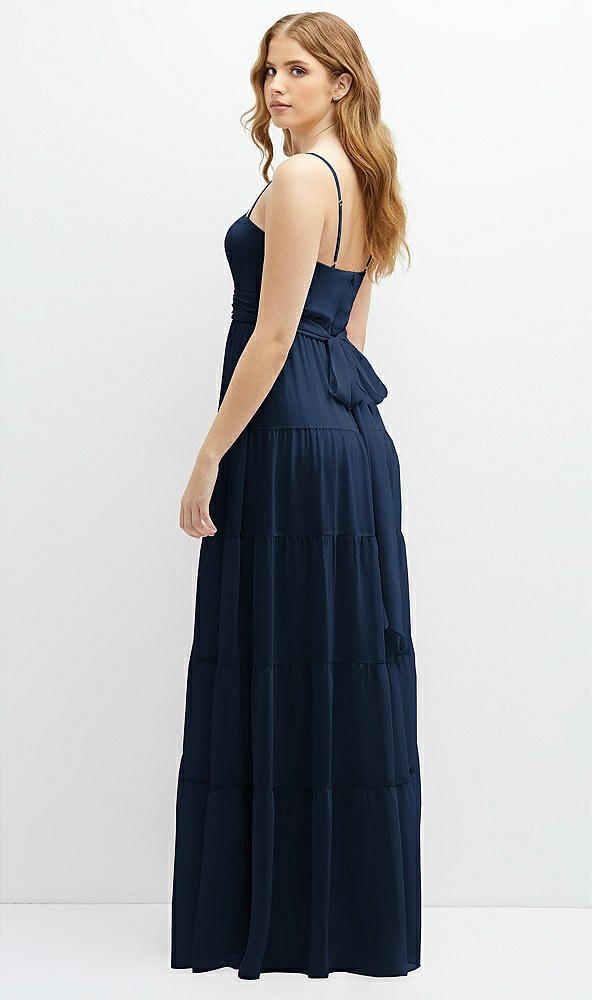 Back View - Midnight Navy Modern Regency Chiffon Tiered Maxi Dress with Tie-Back