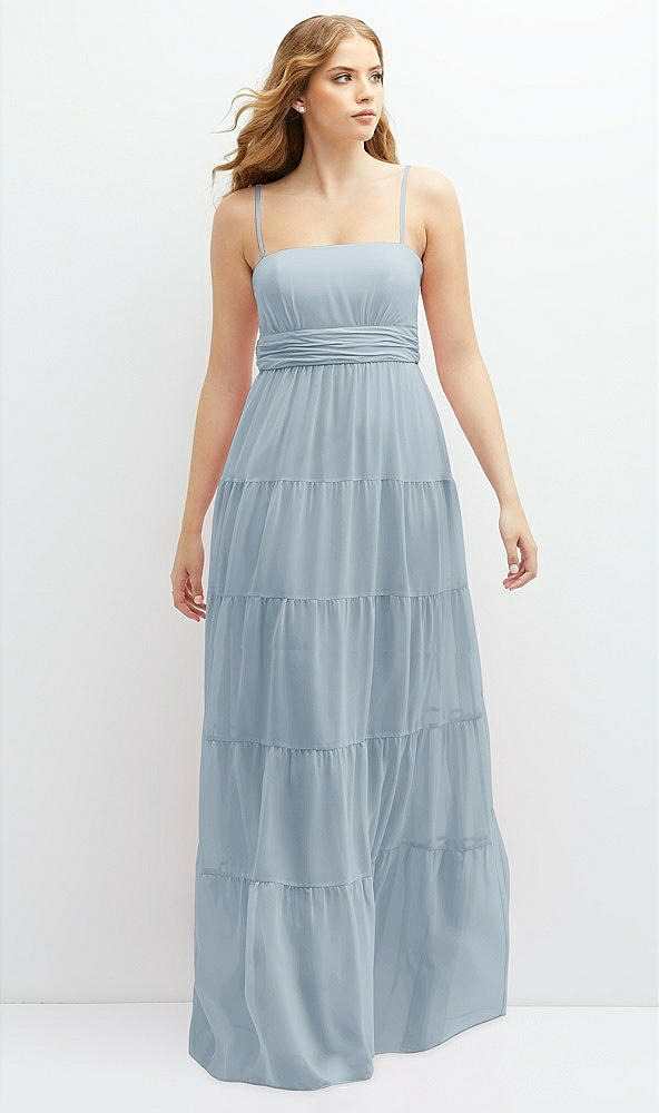 Front View - Mist Modern Regency Chiffon Tiered Maxi Dress with Tie-Back