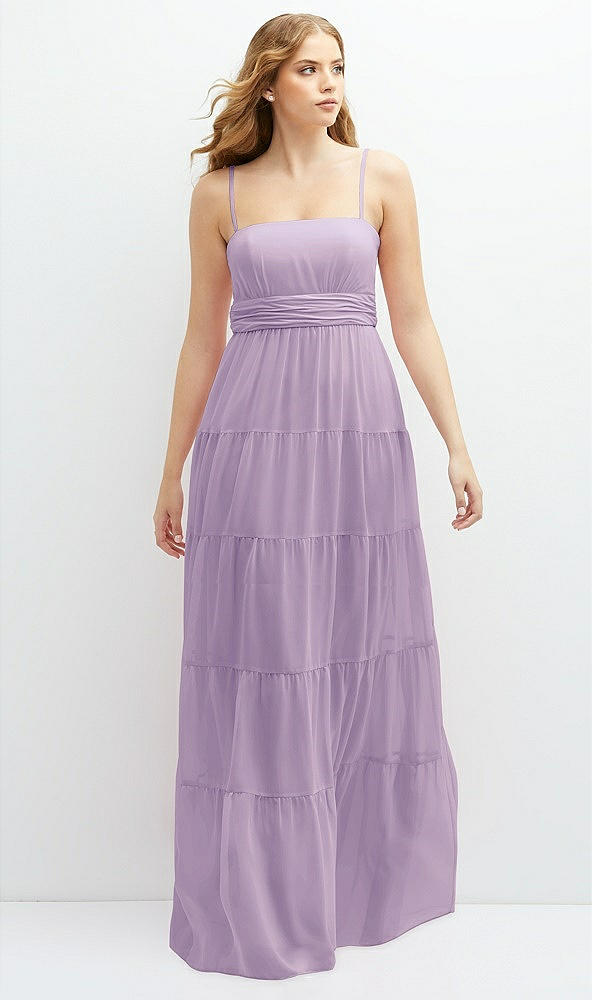 Front View - Pale Purple Modern Regency Chiffon Tiered Maxi Dress with Tie-Back