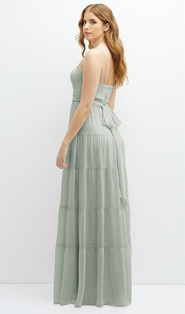 Back View - Willow Green Modern Regency Chiffon Tiered Maxi Dress with Tie-Back