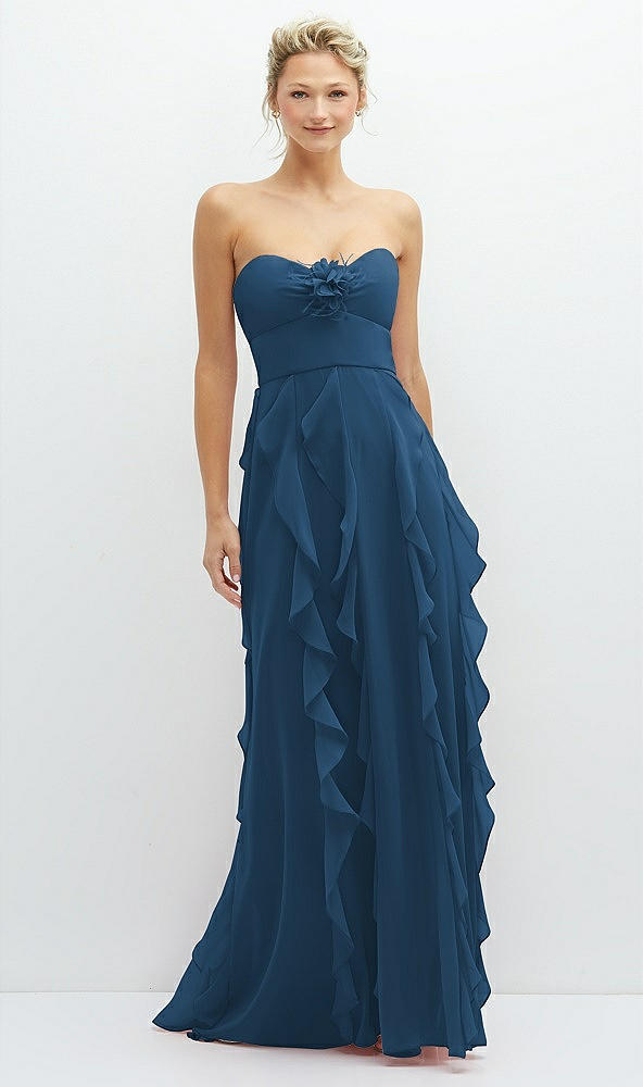 Front View - Dusk Blue Strapless Vertical Ruffle Chiffon Maxi Dress with Flower Detail