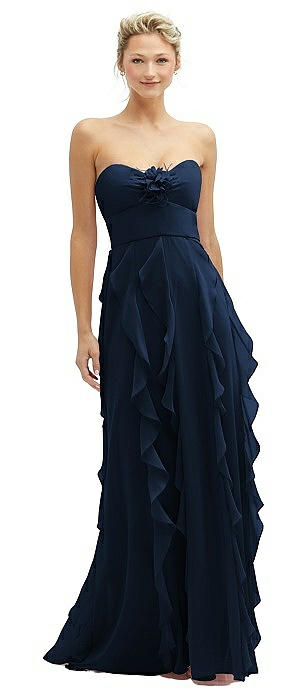 Strapless Vertical Ruffle Chiffon Maxi Dress with Flower Detail