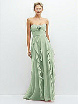 Front View Thumbnail - Celadon Strapless Vertical Ruffle Chiffon Maxi Dress with Flower Detail