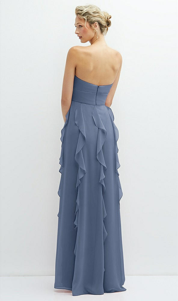 Back View - Larkspur Blue Strapless Vertical Ruffle Chiffon Maxi Dress with Flower Detail