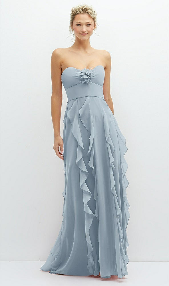 Front View - Mist Strapless Vertical Ruffle Chiffon Maxi Dress with Flower Detail