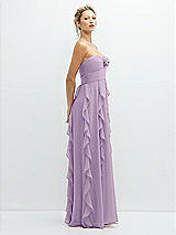 Side View Thumbnail - Pale Purple Strapless Vertical Ruffle Chiffon Maxi Dress with Flower Detail