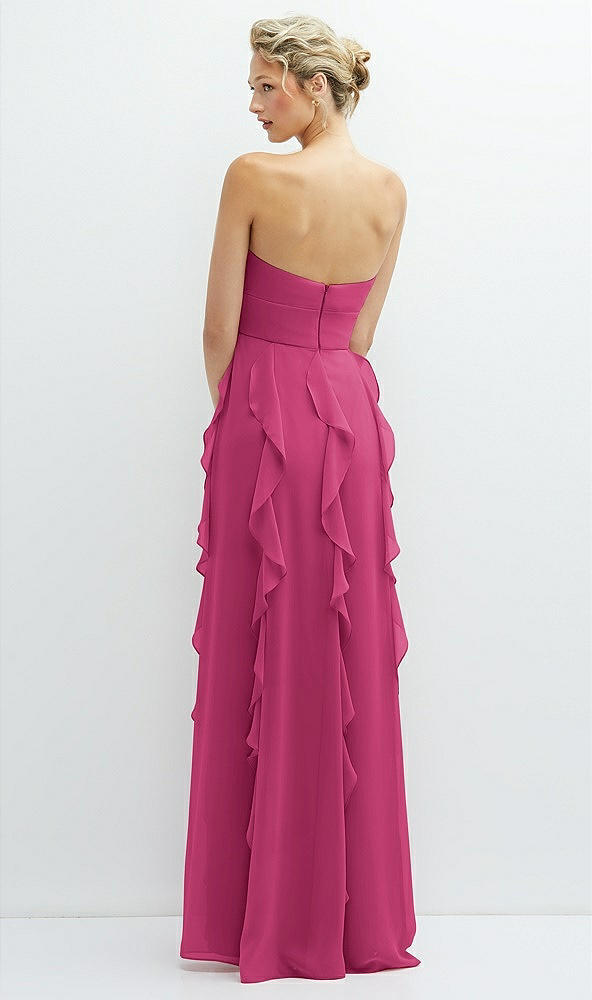 Back View - Tea Rose Strapless Vertical Ruffle Chiffon Maxi Dress with Flower Detail