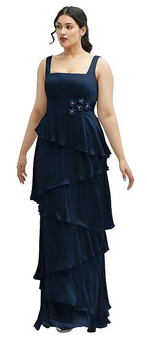 Asymmetrical Tiered Ruffle Chiffon Maxi Dress with Handworked Flowers Detail