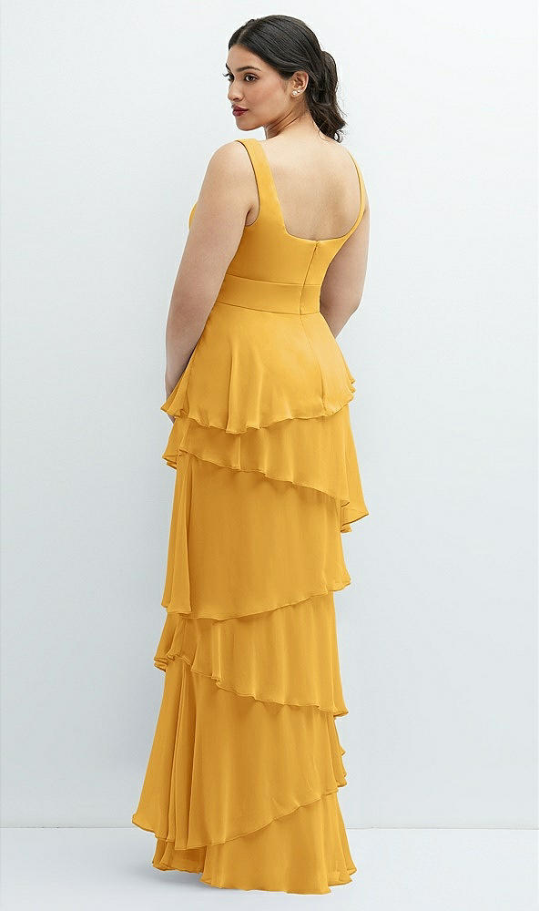 Back View - NYC Yellow Asymmetrical Tiered Ruffle Chiffon Maxi Dress with Handworked Flowers Detail