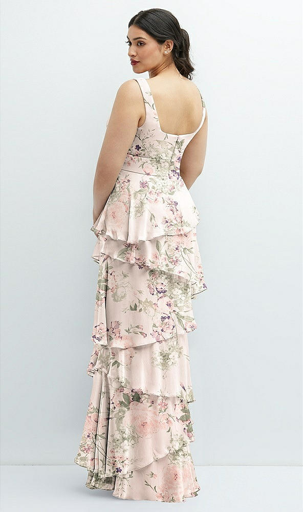 Back View - Blush Garden Asymmetrical Tiered Ruffle Chiffon Maxi Dress with Handworked Flowers Detail