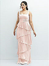 Front View Thumbnail - Blush Asymmetrical Tiered Ruffle Chiffon Maxi Dress with Handworked Flowers Detail