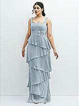 Front View Thumbnail - Mist Asymmetrical Tiered Ruffle Chiffon Maxi Dress with Handworked Flowers Detail