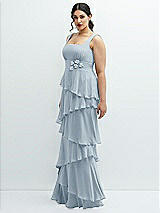 Side View Thumbnail - Mist Asymmetrical Tiered Ruffle Chiffon Maxi Dress with Handworked Flowers Detail