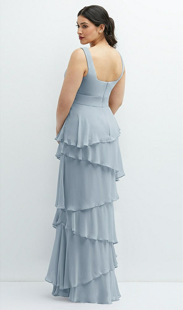 Back View - Mist Asymmetrical Tiered Ruffle Chiffon Maxi Dress with Handworked Flowers Detail