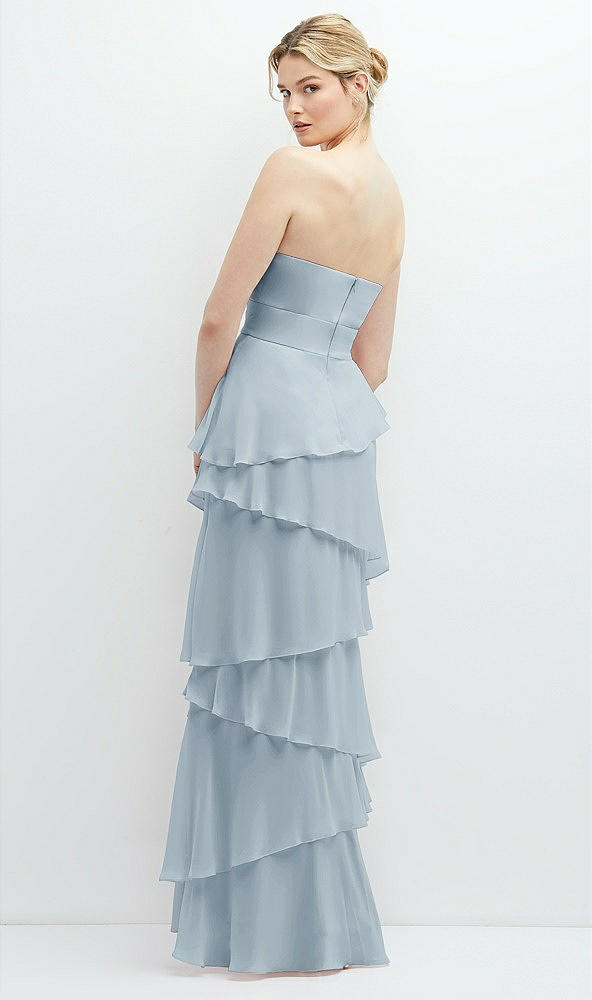 Back View - Mist Strapless Asymmetrical Tiered Ruffle Chiffon Maxi Dress with Handworked Flower Detail