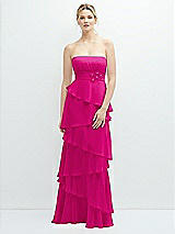 Front View Thumbnail - Think Pink Strapless Asymmetrical Tiered Ruffle Chiffon Maxi Dress with Handworked Flower Detail