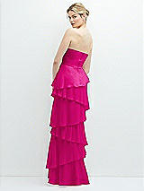 Rear View Thumbnail - Think Pink Strapless Asymmetrical Tiered Ruffle Chiffon Maxi Dress with Handworked Flower Detail