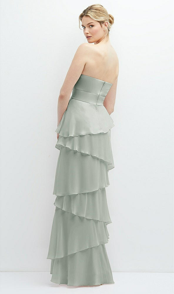 Back View - Willow Green Strapless Asymmetrical Tiered Ruffle Chiffon Maxi Dress with Handworked Flower Detail