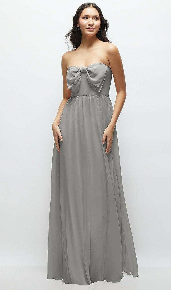 Front View - Chelsea Gray Strapless Chiffon Maxi Dress with Oversized Bow Bodice