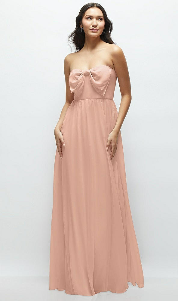 Front View - Pale Peach Strapless Chiffon Maxi Dress with Oversized Bow Bodice