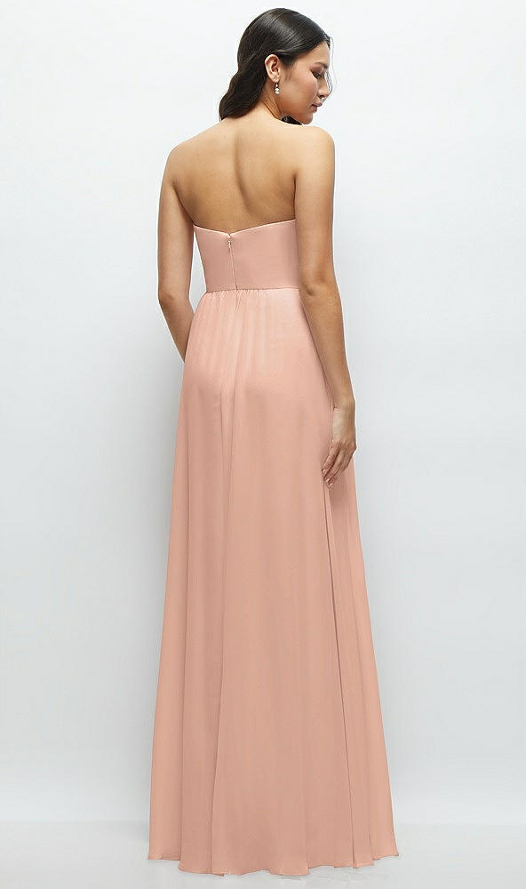 Back View - Pale Peach Strapless Chiffon Maxi Dress with Oversized Bow Bodice