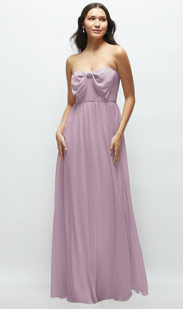 Front View - Suede Rose Strapless Chiffon Maxi Dress with Oversized Bow Bodice