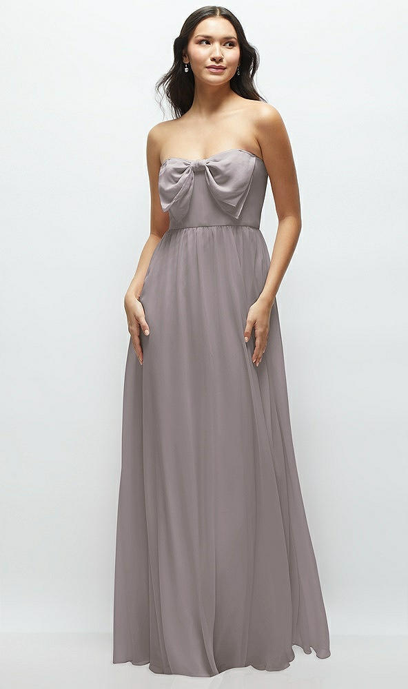 Front View - Cashmere Gray Strapless Chiffon Maxi Dress with Oversized Bow Bodice