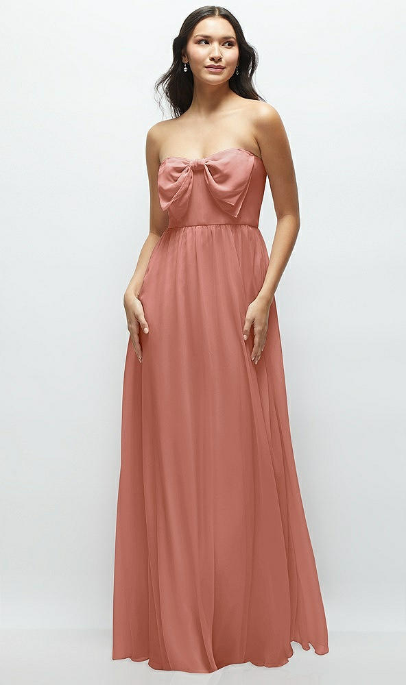 Front View - Desert Rose Strapless Chiffon Maxi Dress with Oversized Bow Bodice