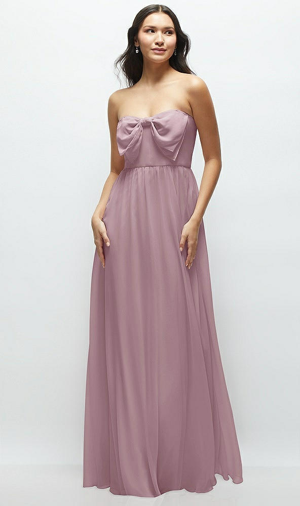 Front View - Dusty Rose Strapless Chiffon Maxi Dress with Oversized Bow Bodice