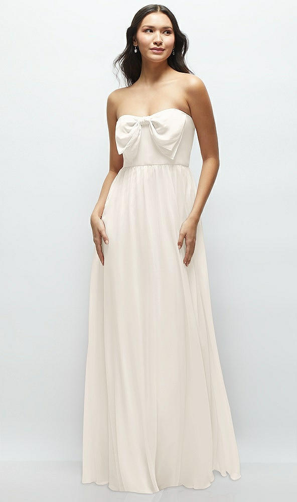 Front View - Ivory Strapless Chiffon Maxi Dress with Oversized Bow Bodice